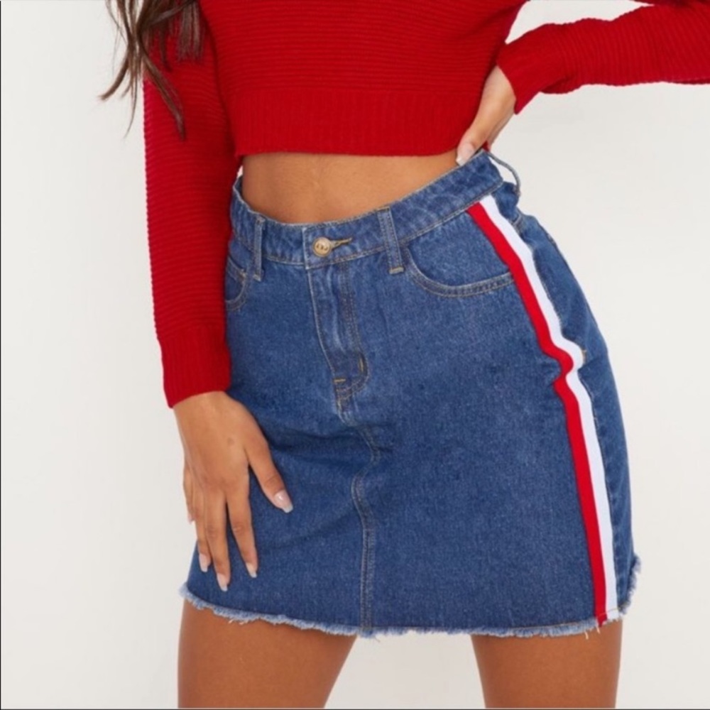 PRETTY LITTLE THING Raw Hem Red and White Striped Denim Skirt
